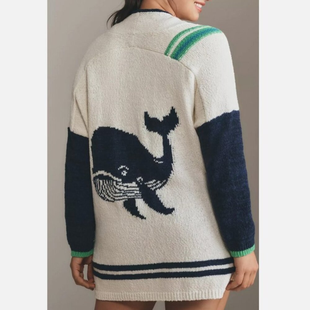 Anthropologie Maeve Nautical Buoy Cardigan Sweater Whale Seahorse L XL Petite - Picture 3 of 9